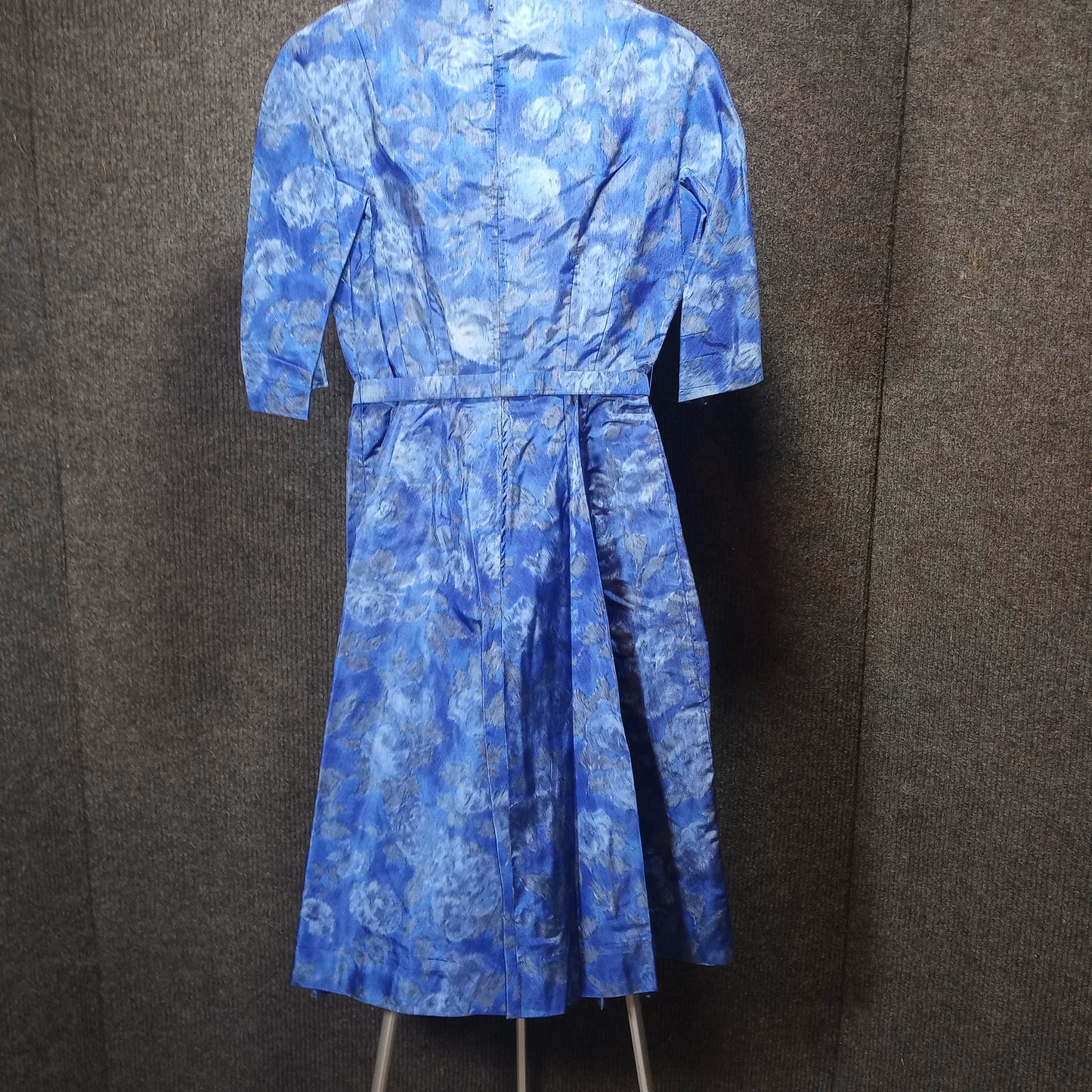 1950's Cobalt Blue Watercolor Rose Taffeta Circle Dress with Belt