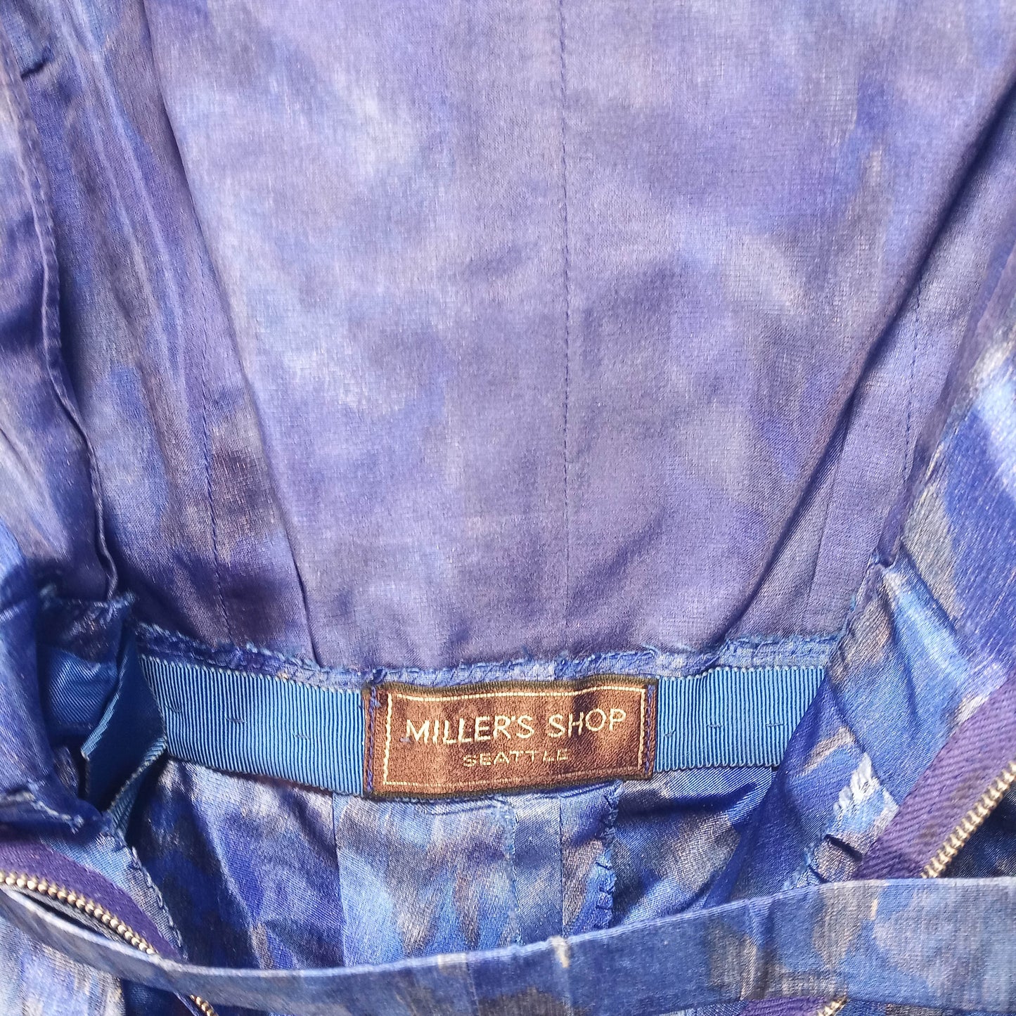 1950's Cobalt Blue Watercolor Rose Taffeta Circle Dress with Belt