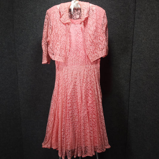 1950s Vintage Coral Lace and Taffeta Party Dress with Lace Bolero