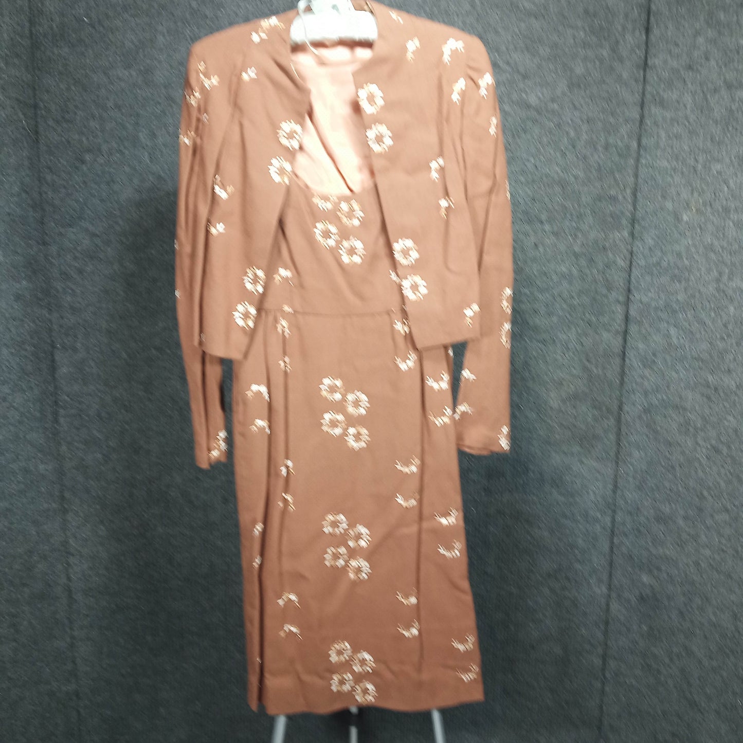 1950's Brown Embroidered Flower Linen Wiggle Dress with Matching Short Coat
