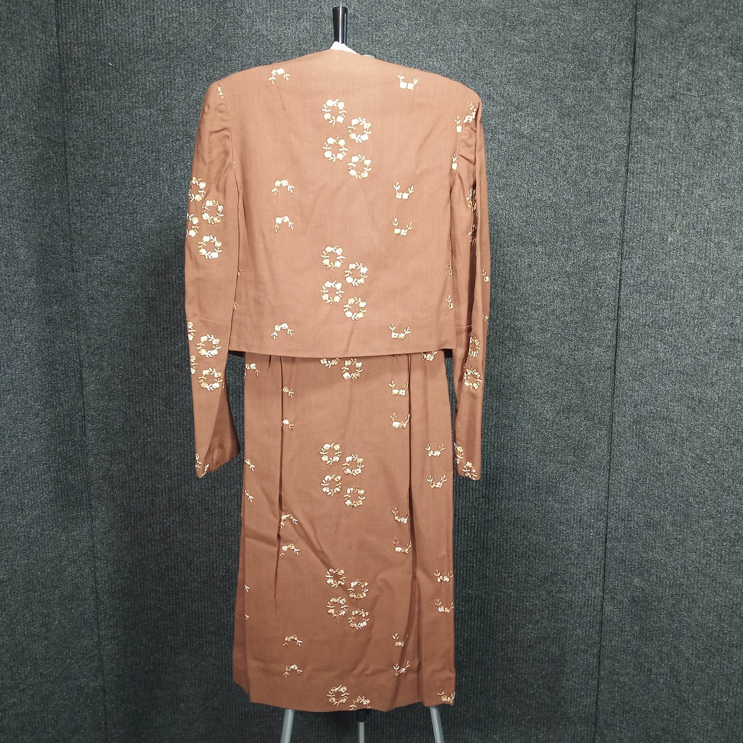 1950's Brown Embroidered Flower Linen Wiggle Dress with Matching Short Coat