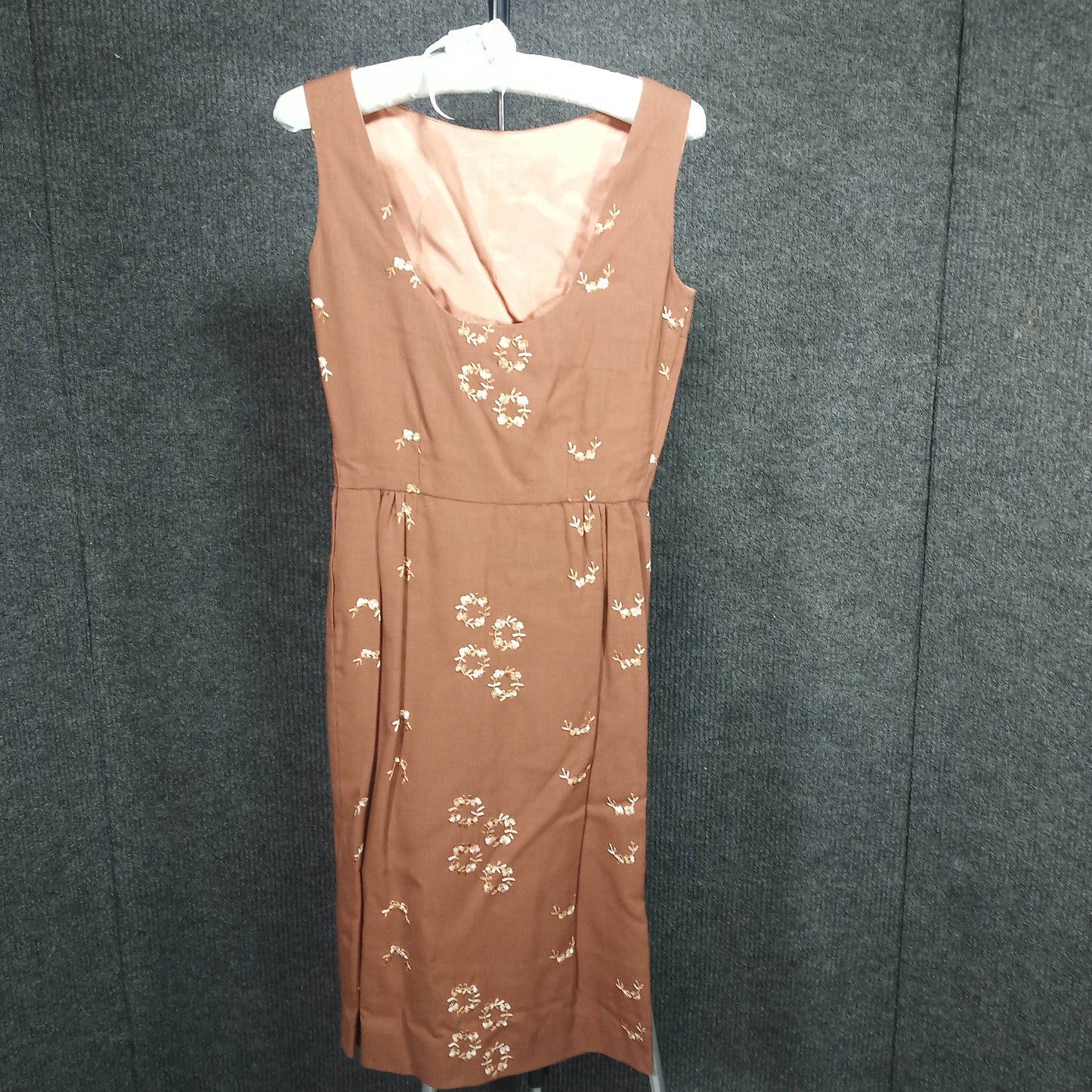 1950's Brown Embroidered Flower Linen Wiggle Dress with Matching Short Coat