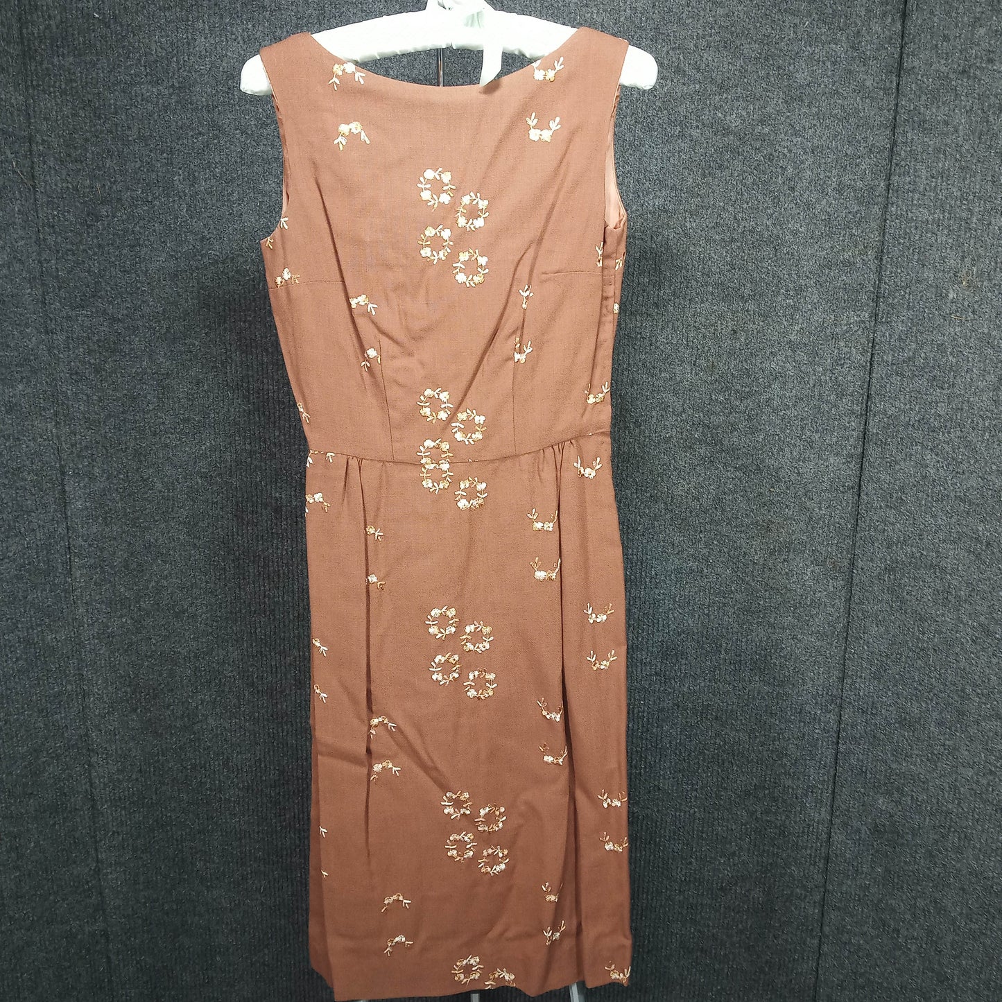 1950's Brown Embroidered Flower Linen Wiggle Dress with Matching Short Coat