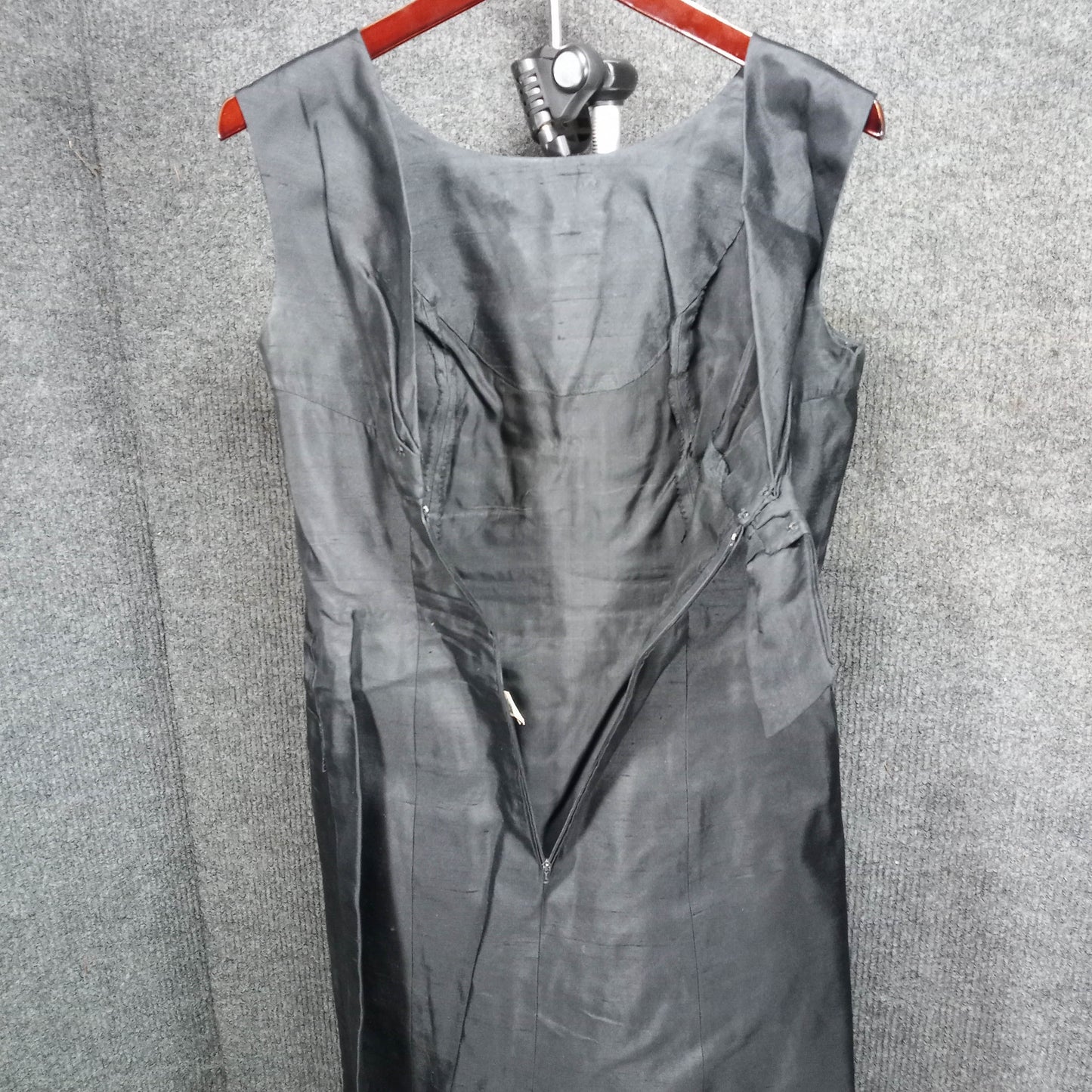 1950's Black Raw Silk A-line Black Bow Shift by Guy Douvier of Paris
