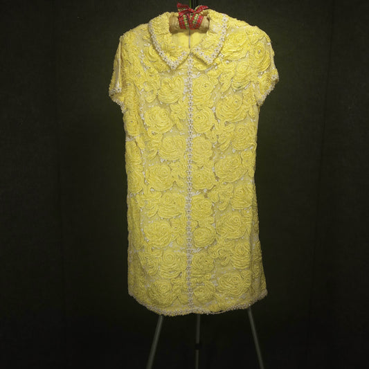 1960s Vintage Yellow Flower Lace Sequin Lined Dress by Montaldo's