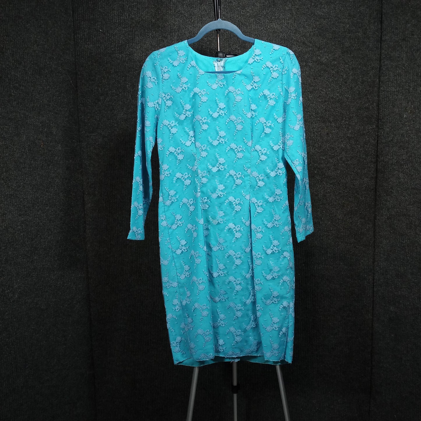 1950's Turquoise Lace Long Sleeve Sheath with a White Lace Overlay