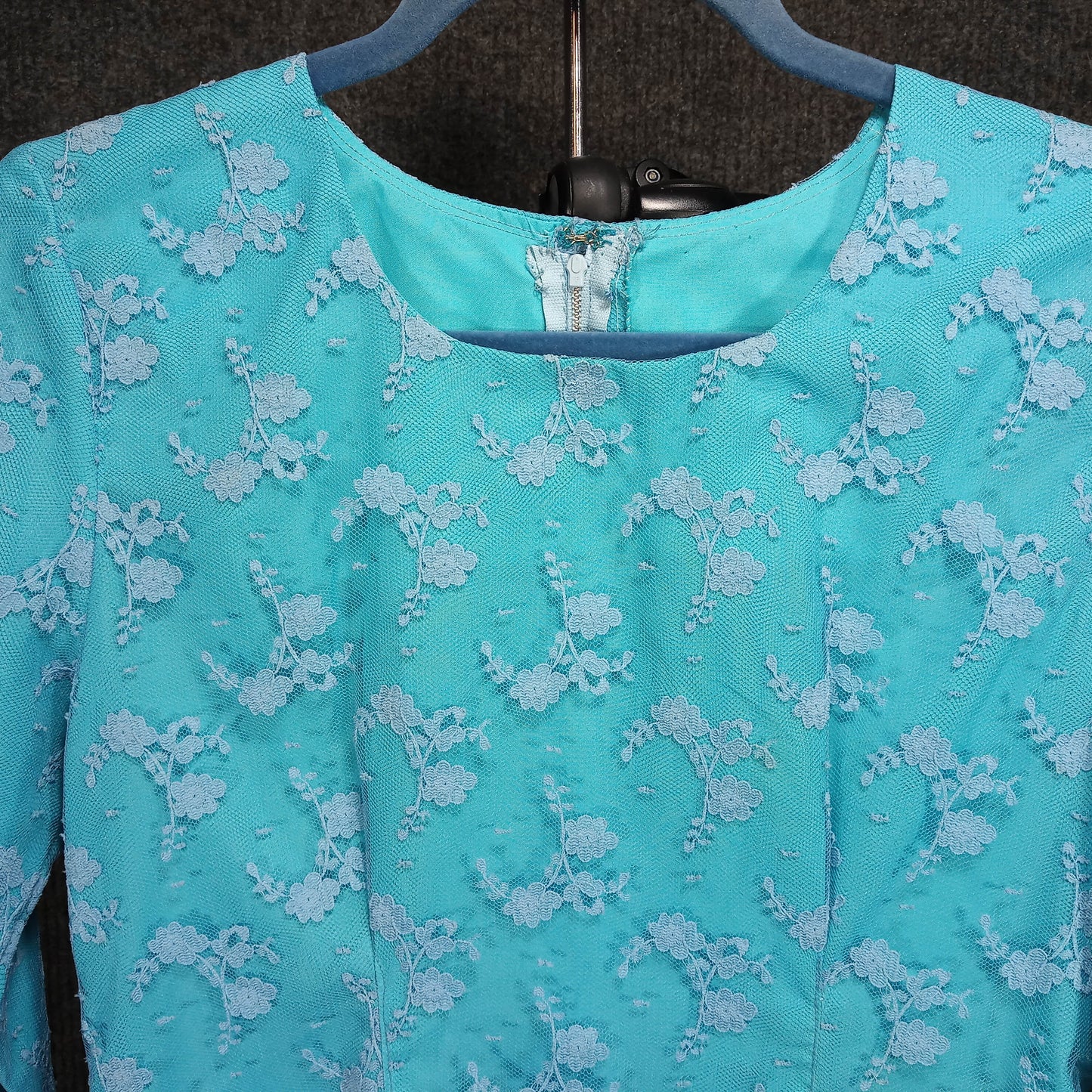 1950's Turquoise Lace Long Sleeve Sheath with a White Lace Overlay