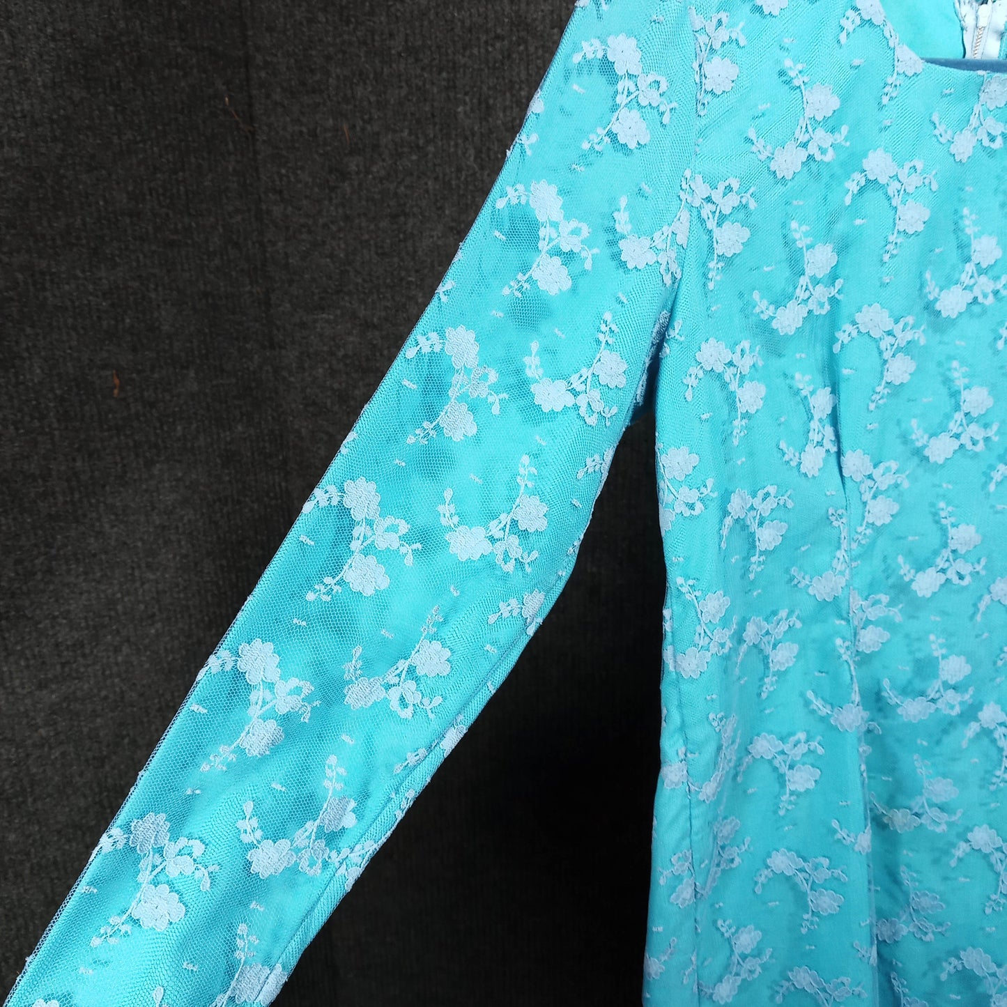 1950's Turquoise Lace Long Sleeve Sheath with a White Lace Overlay
