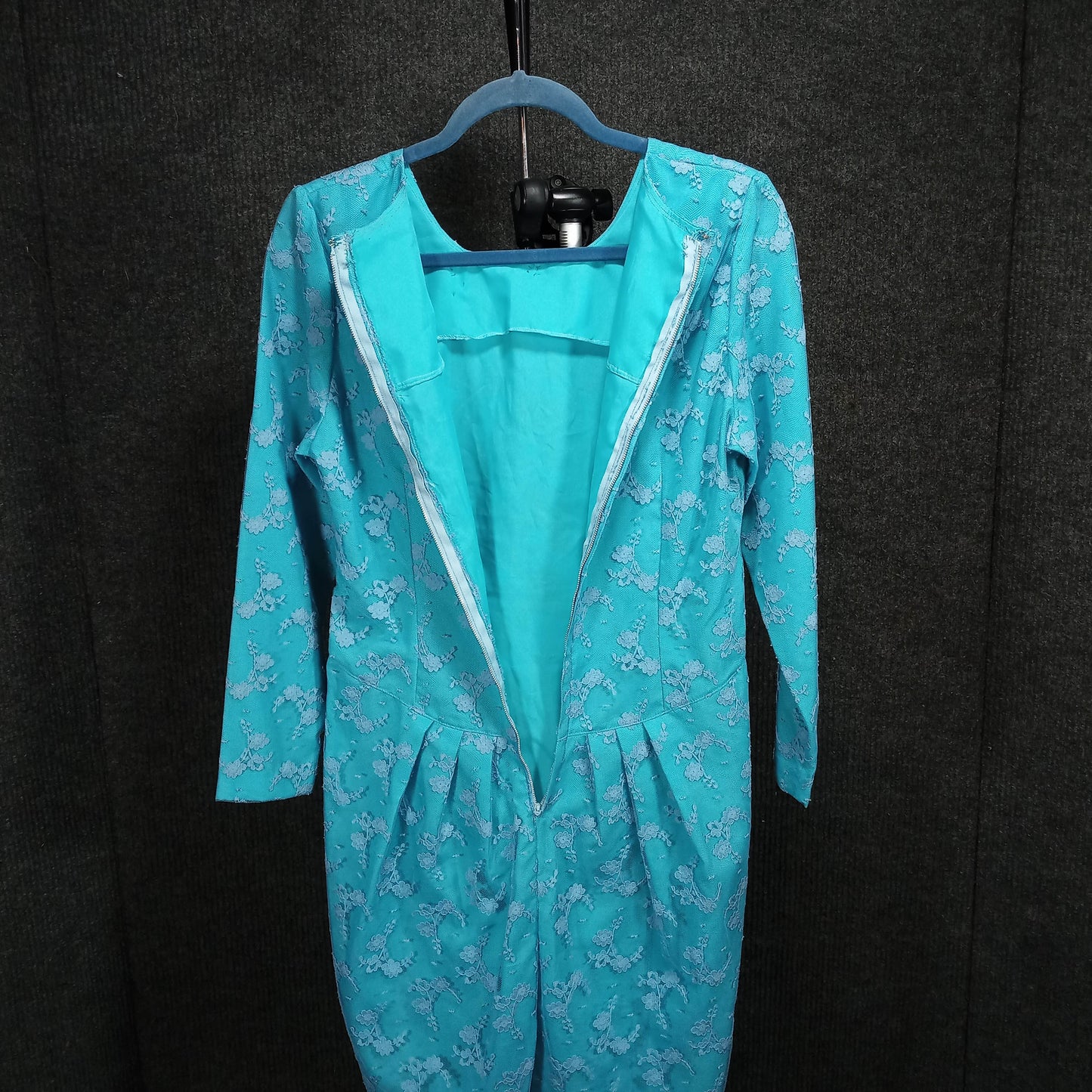 1950's Turquoise Lace Long Sleeve Sheath with a White Lace Overlay