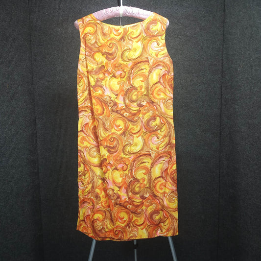 1960s Vintage Brown, Yellow & Gold Print Polyester Sleeveless Dress