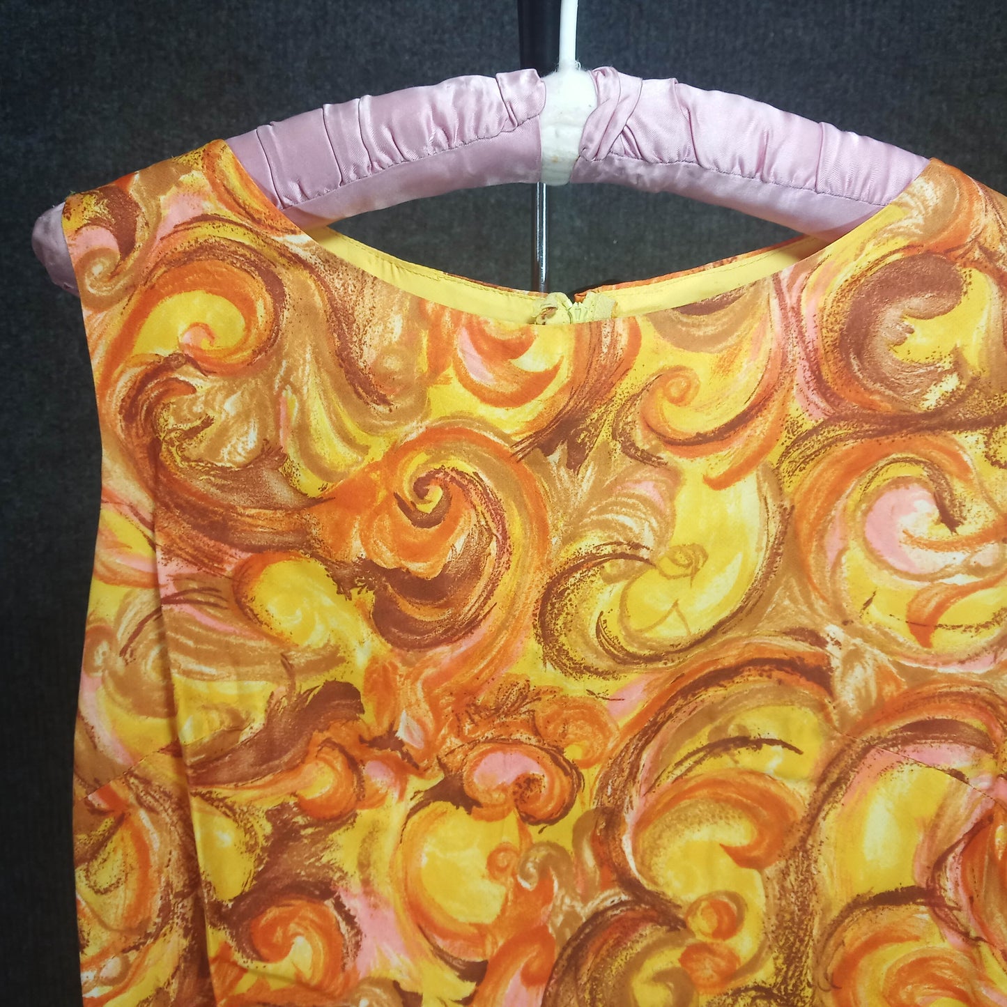 1960's Brown, Yellow & Gold Print Polyester Sleeveless Dress