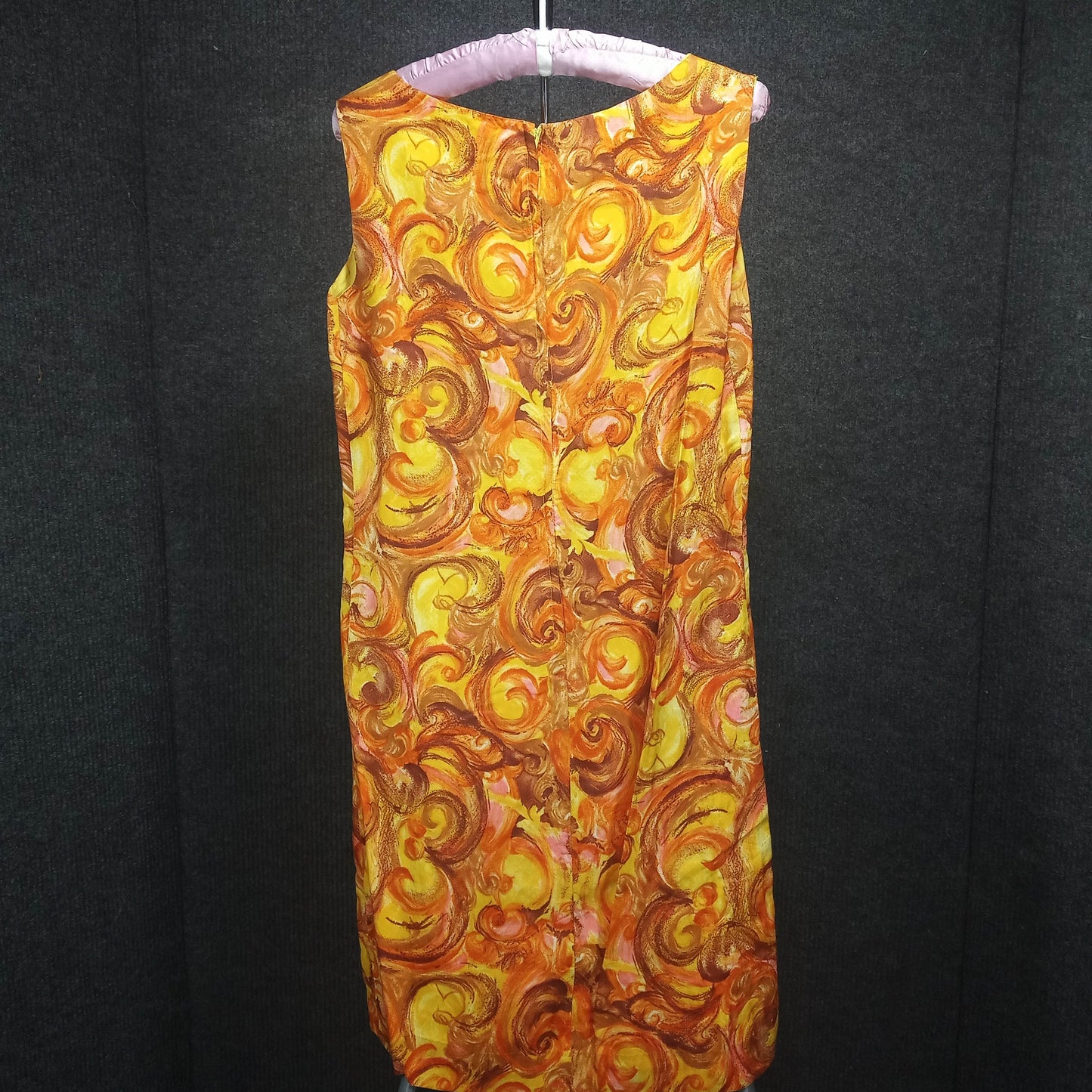 1960's Brown, Yellow & Gold Print Polyester Sleeveless Dress