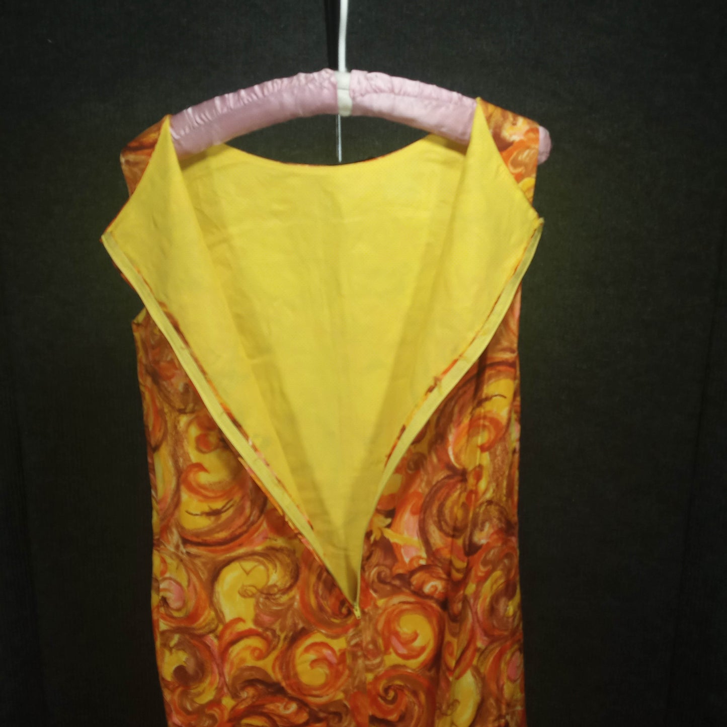 1960's Brown, Yellow & Gold Print Polyester Sleeveless Dress