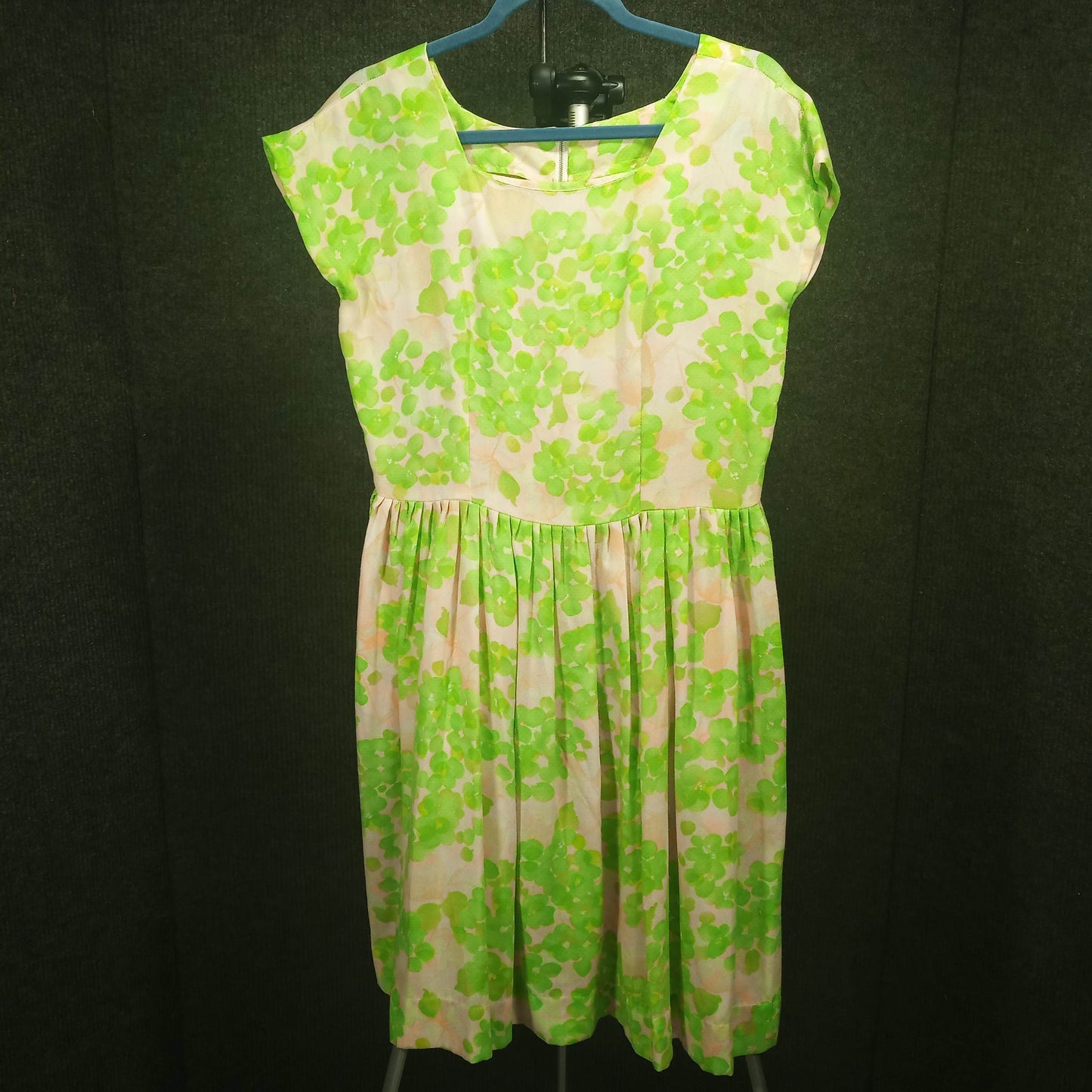 1960's Green, White, and Orange Floral Print Dress