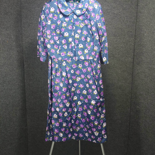1950s Vintage Navy & Purple Floral Acetate Wiggle Dress, Jacket, & Belt