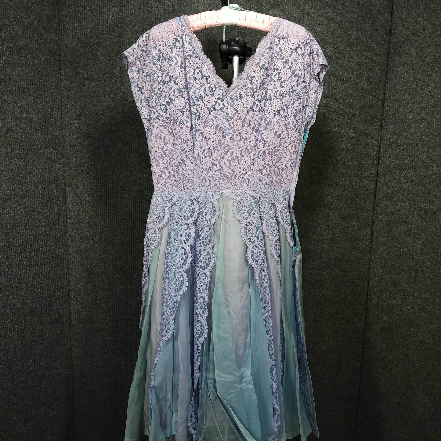 1950's Purple Lace Bodice With Lace and Green Tulle Over Purple Taffeta Dress