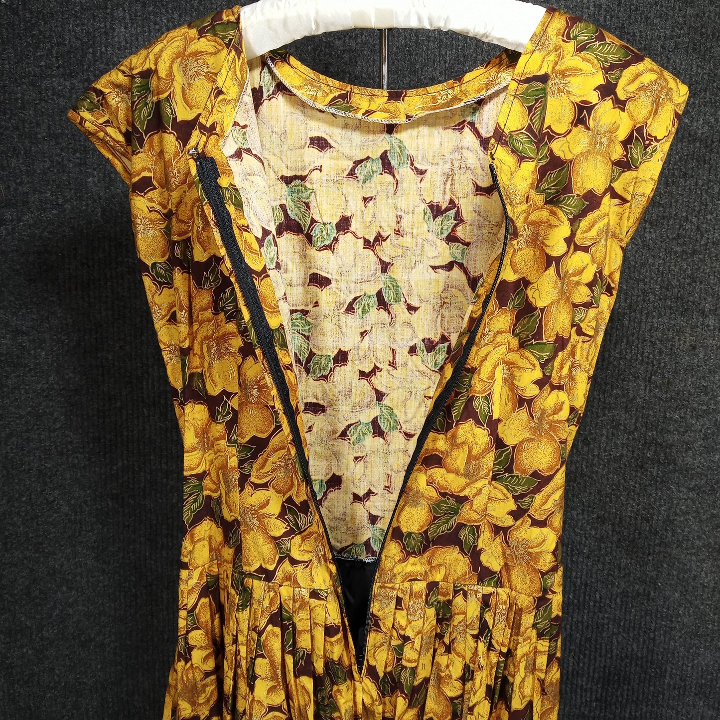 1960's Green and Orange Floral Dress with a Black Chiffon Underlayer