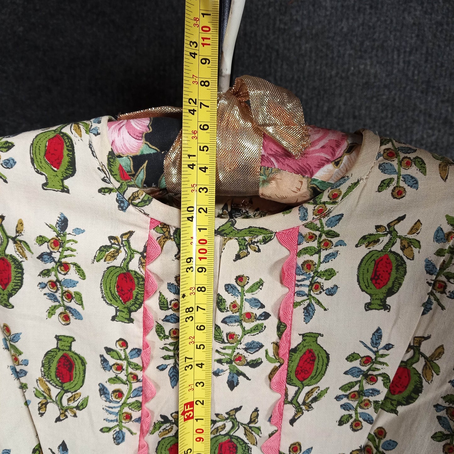 1950s Vintage Ecru Red Green Floral Print Cotton Circle Dress with Ric Rac Trim