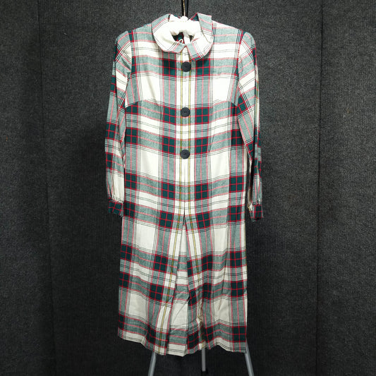 1950s Vintage Taupe, Red, and Green Plaid School Girl Shift Dress