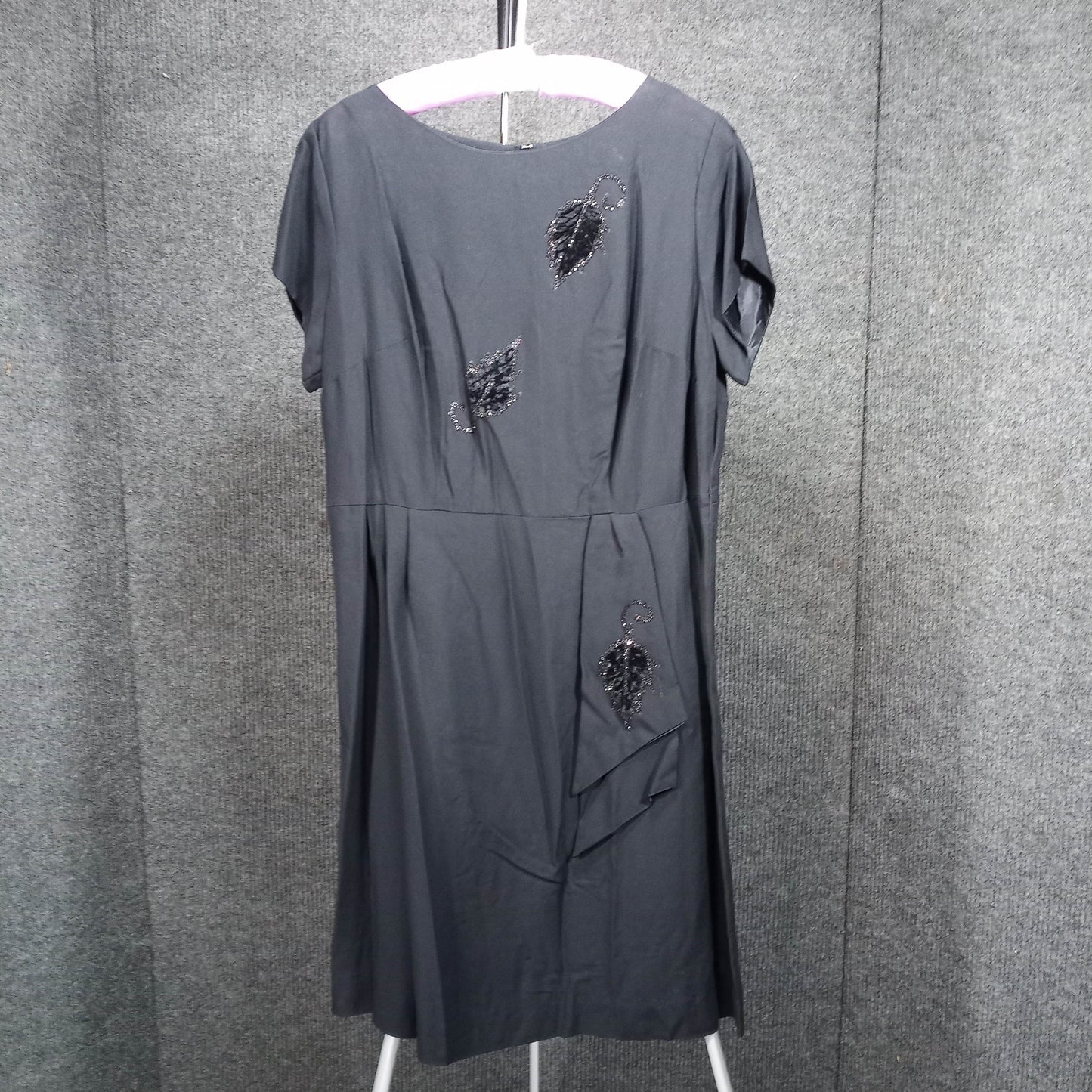1940's Black Rayon Wiggle Dress with Velvet Leaves Swag Detail
