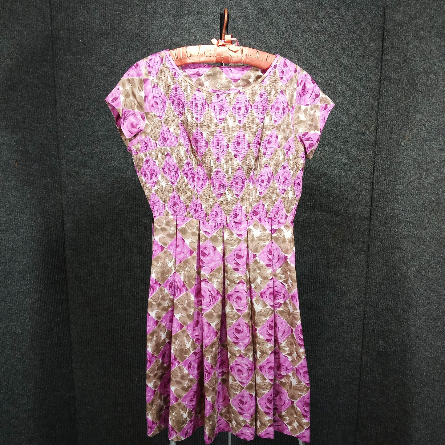 1950's Taupe Fuchsia Floral Circle Dress with Matching Belt by Toni Hunt