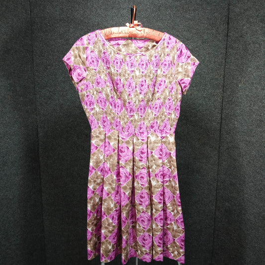 1950s Vintage Taupe Fuchsia Floral Circle Dress with Matching Belt by Toni Hunt