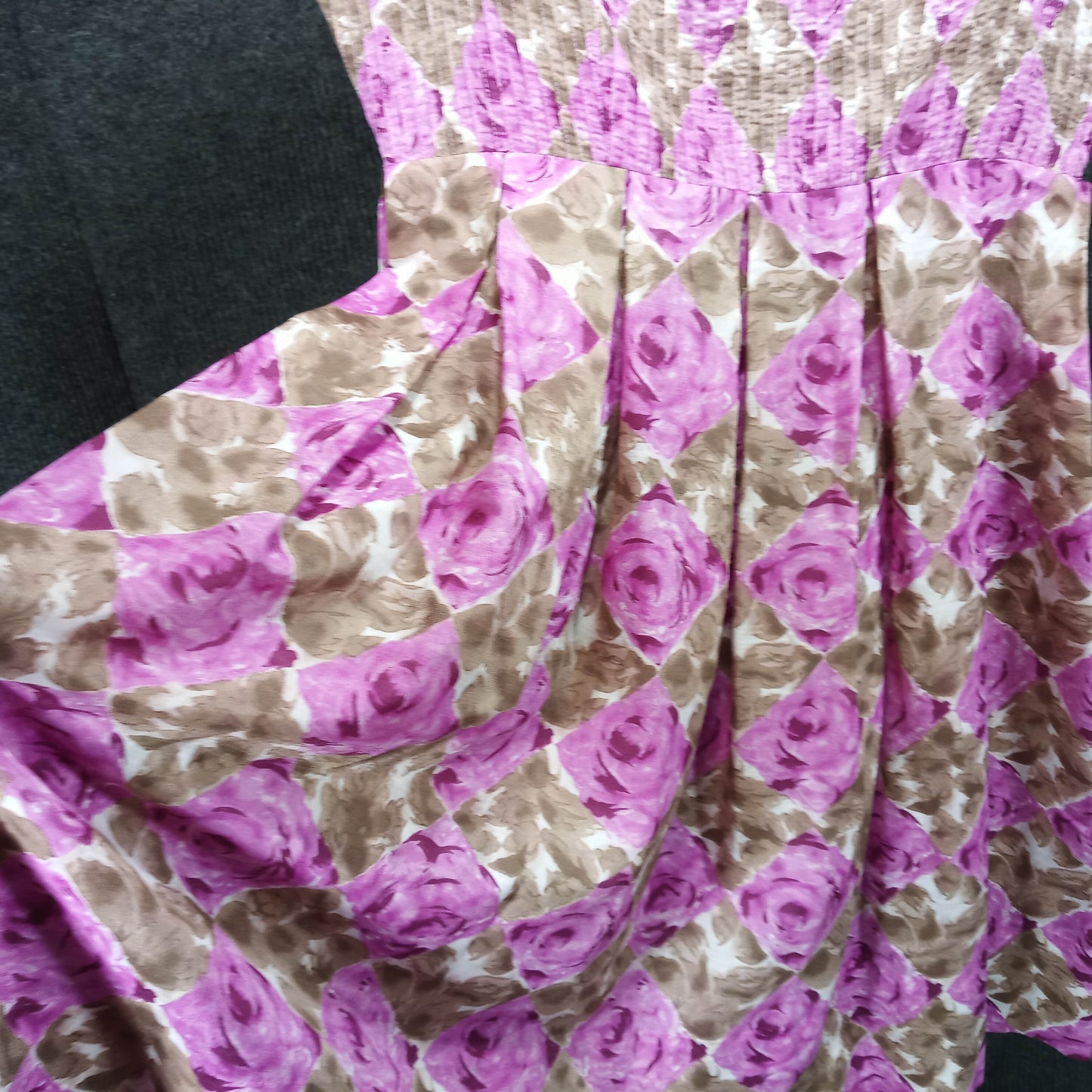 1950's Taupe Fuchsia Floral Circle Dress with Matching Belt by Toni Hunt