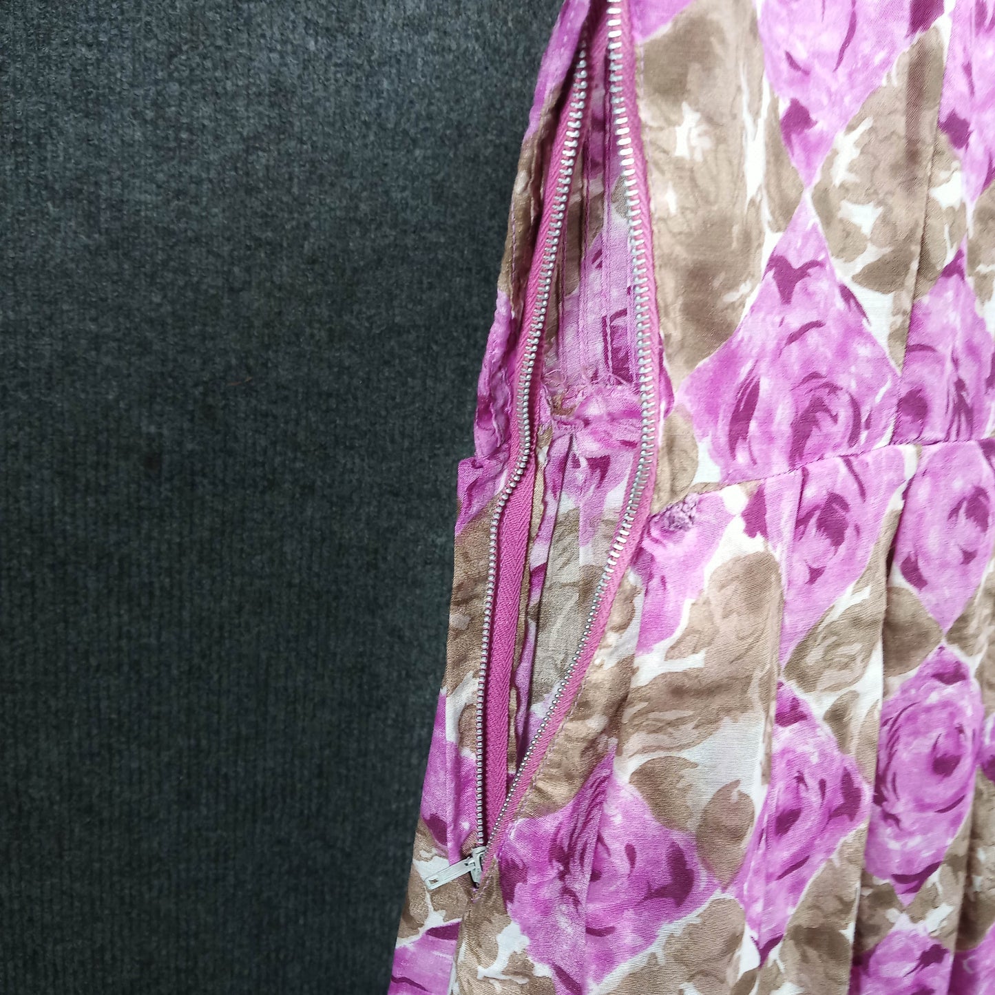 1950's Taupe Fuchsia Floral Circle Dress with Matching Belt by Toni Hunt