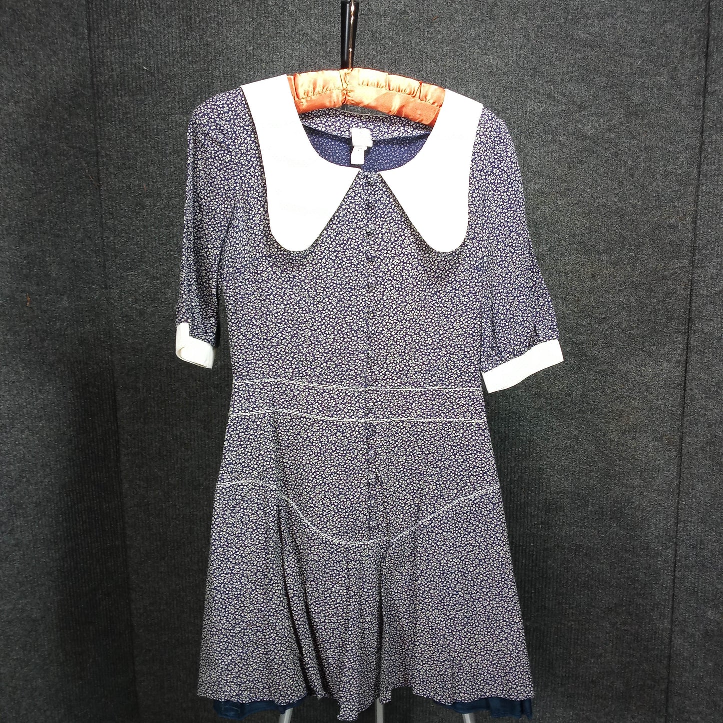 1960's Navy and White Floral Rayon Short Dress with Large Collar Made in Finland