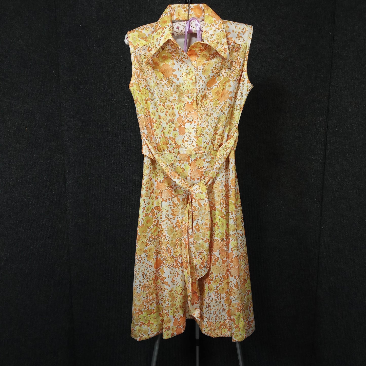 1950's Orange White Floral Drop Waste Bow Dress