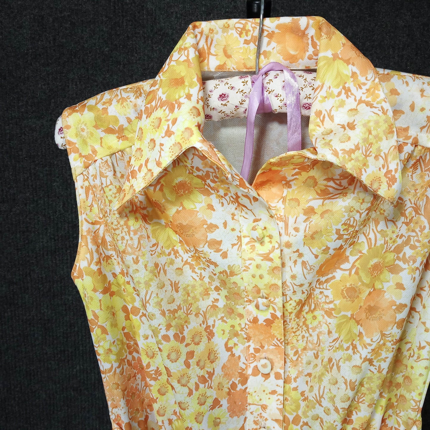 1950's Orange White Floral Drop Waste Bow Dress