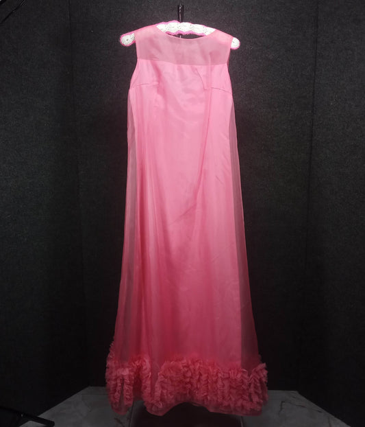 1960s Vintage Pink Chiffon Ruffle Dress Full Length Gown - Created by Emma Domb