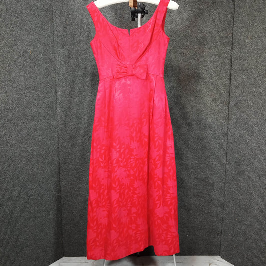 1950s Vintage Red Brocade Long Gown with Red Center Bow