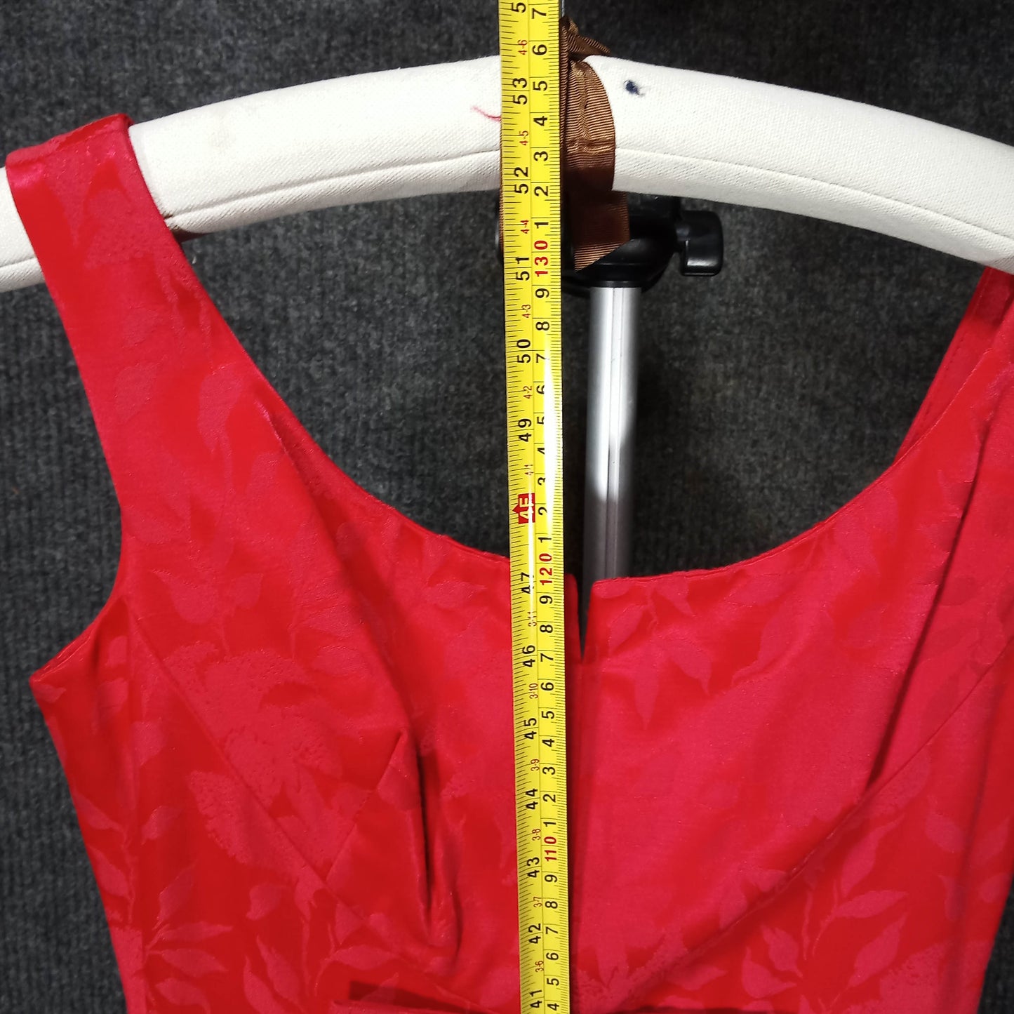 1950s Vintage Red Brocade Long Gown with Red Center Bow