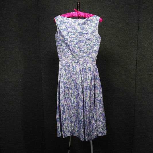 1960s Vintage Purple Green Floral Sleeveless Dress with Matching Crinoline