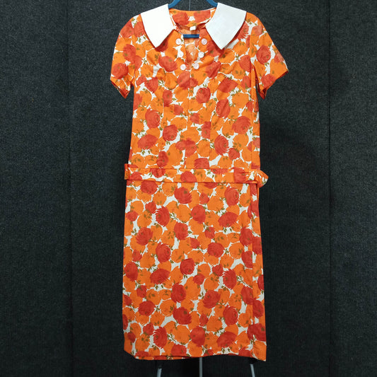 1960s Vintage DOrange and White Floral Drop Waist Bow Dress