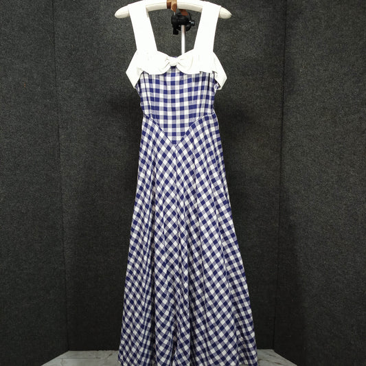 1950s Vintage Blue White Check Long Dress with Bow Strap Detail