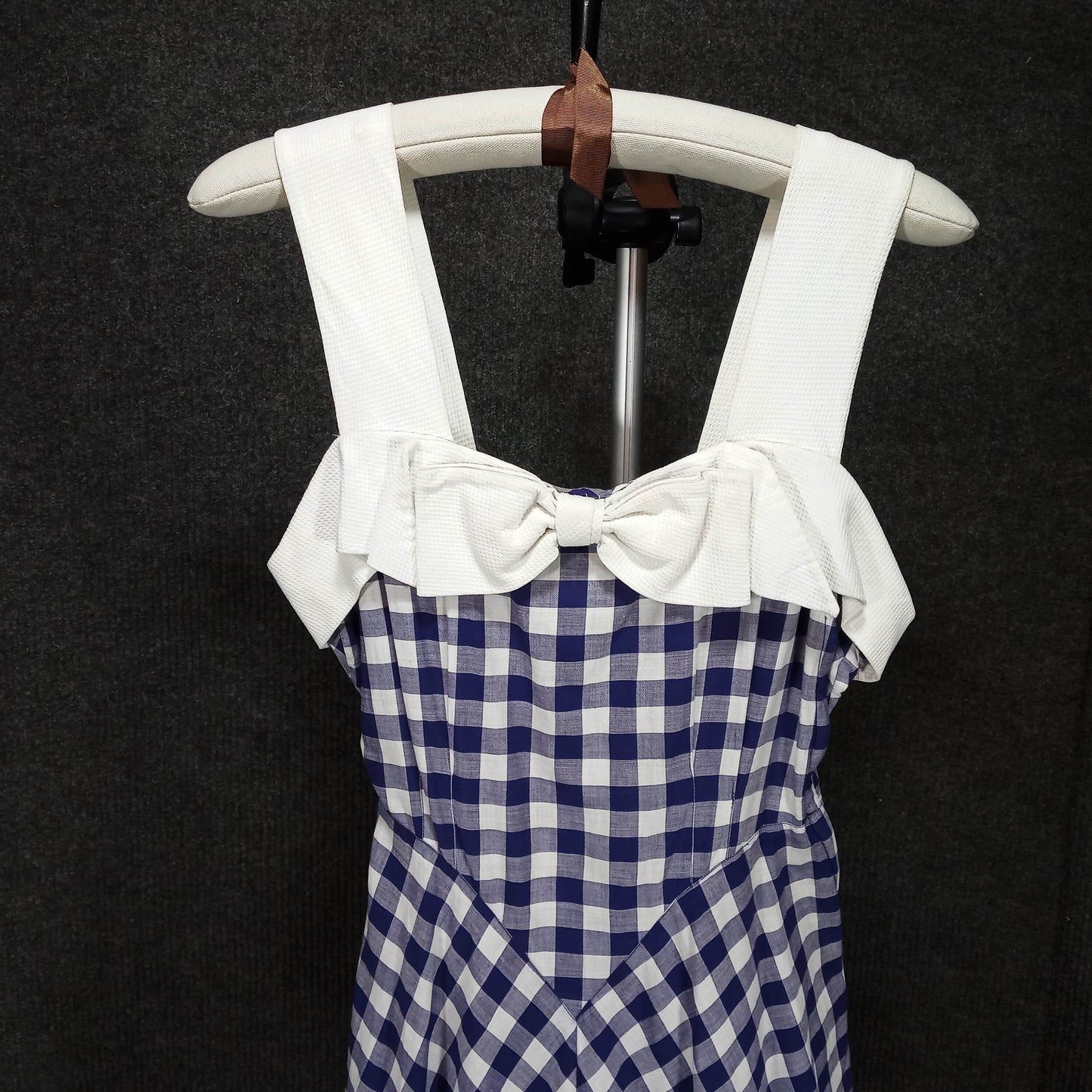 1950's Blue White Check Long Dress with Bow Strap Detail