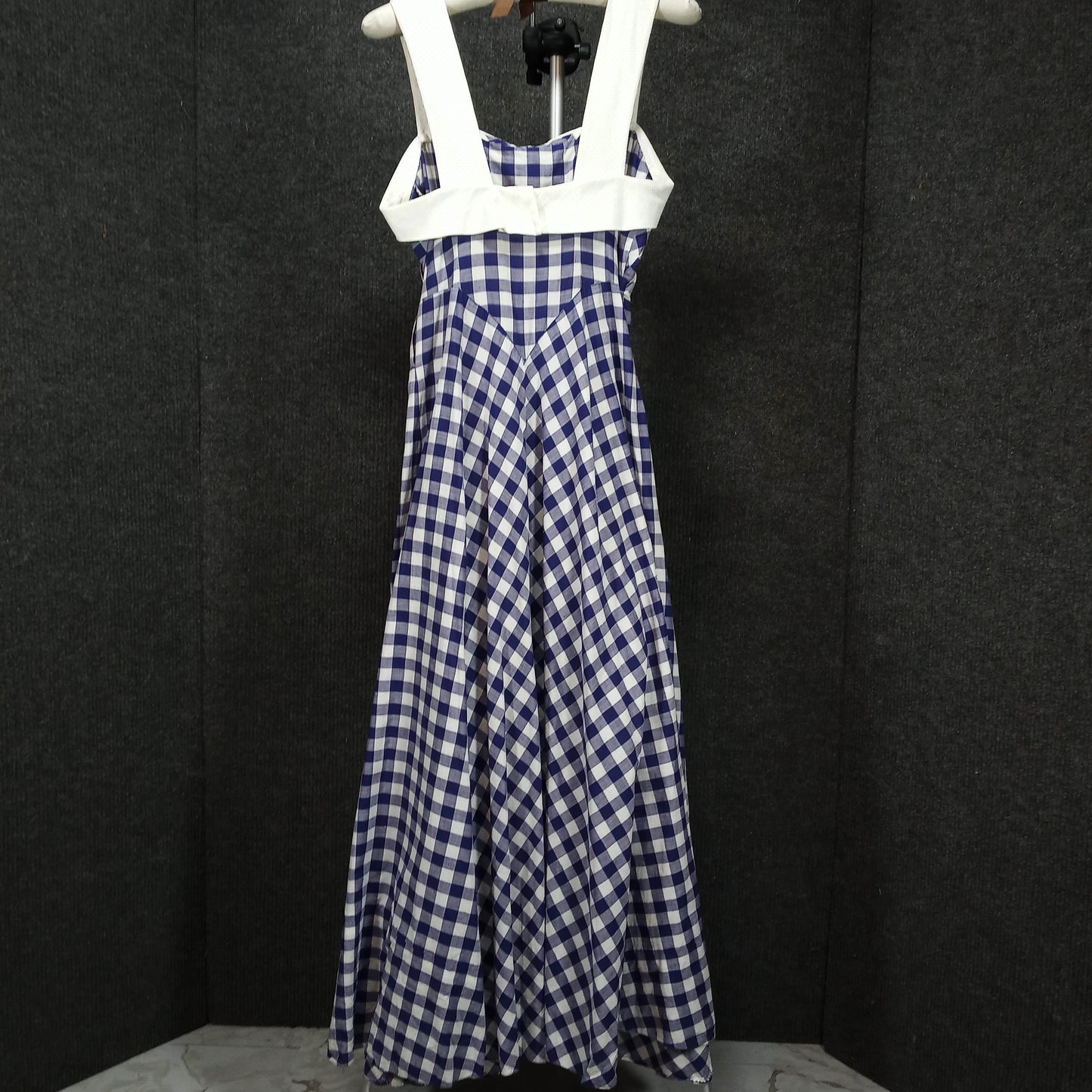 1950's Blue White Check Long Dress with Bow Strap Detail