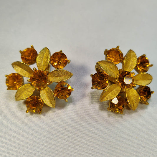 1990's Vintage Gold Tone Leaf and Yellow Rhinestone Earrings