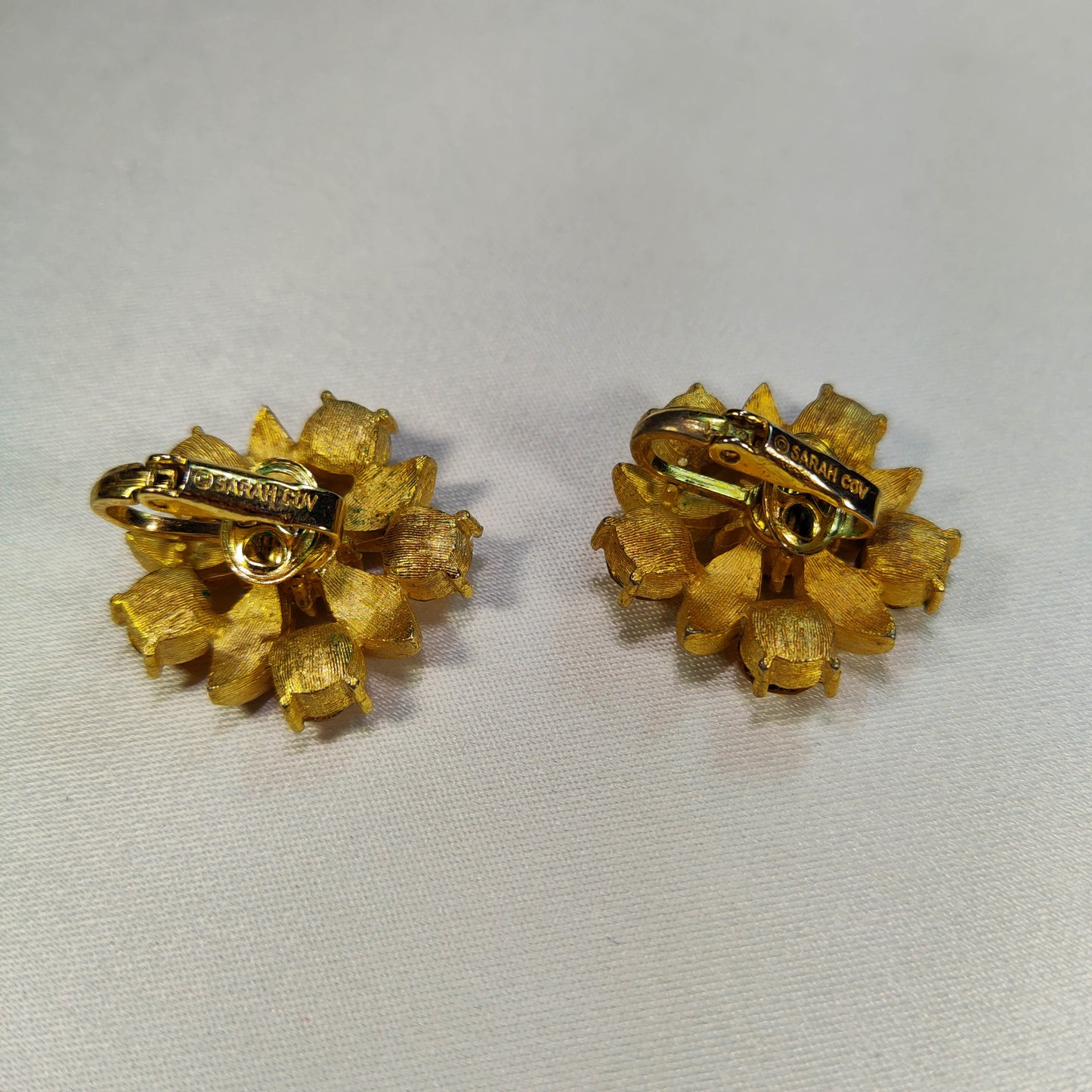 1990's Gold Tone Leaf and Yellow Rhinestone Earrings