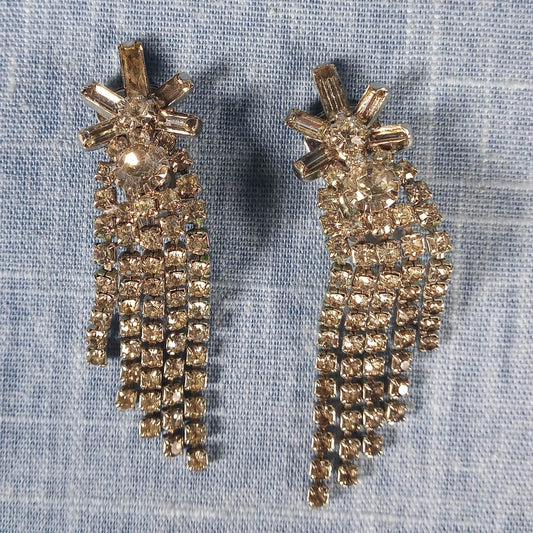 1960s Vintage Dangle Clip Earrings with Clear Rhinestone Baguette Cut Flower Tops