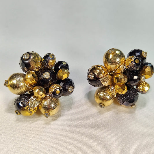 1960's Vintage Gold and Black Bead Cluster Clip Earrings by Vendome