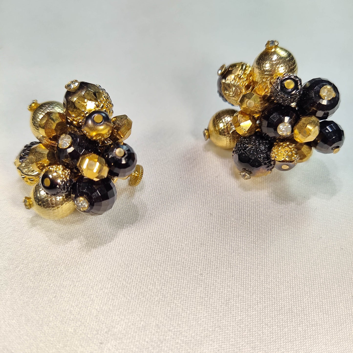 1960's Vintage Gold and Black Bead Cluster Clip Earrings by Vendome