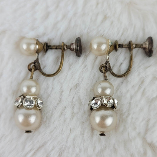1930's Vintage Pearl and Clear Rhinestone Dangle Screwback Earrings