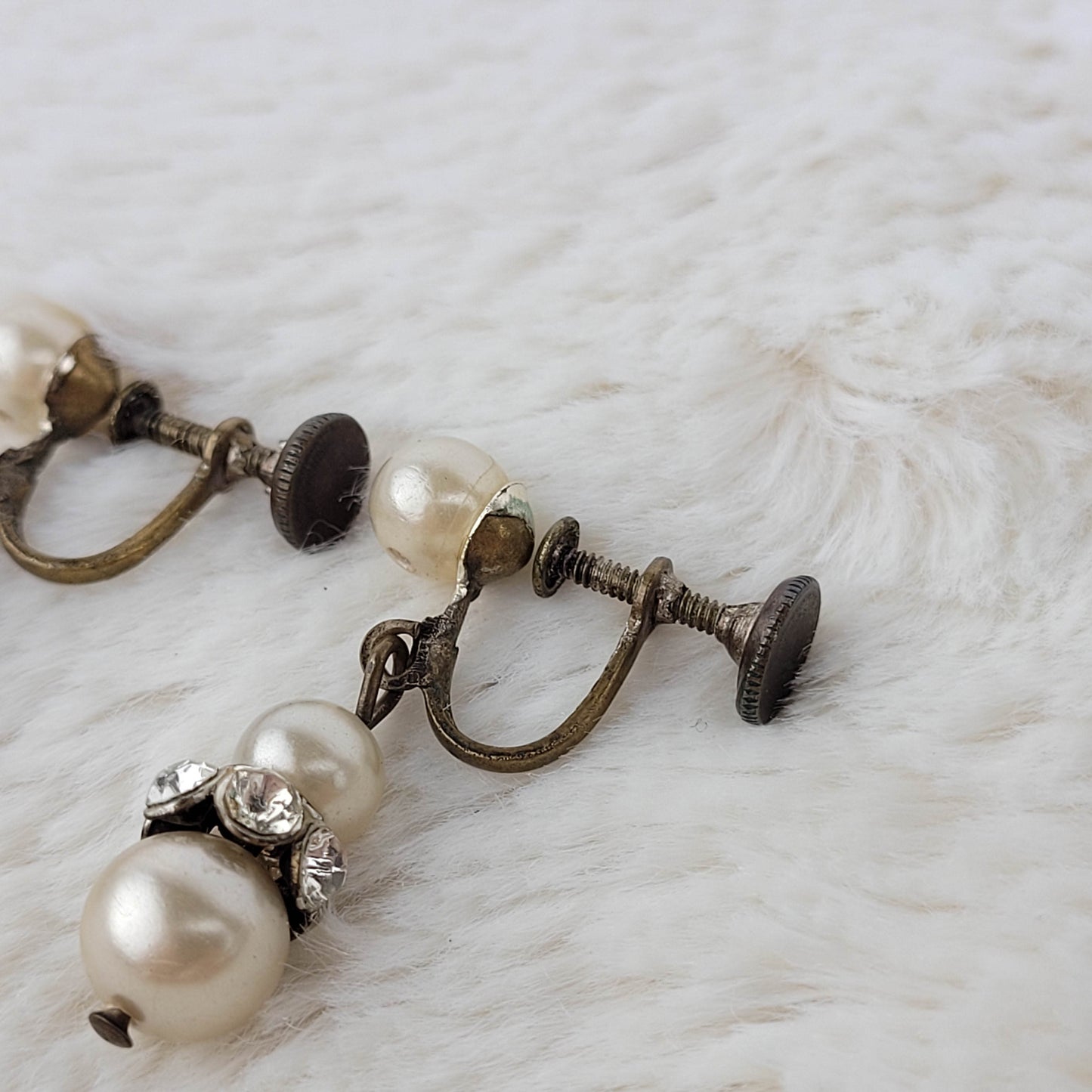 1930's Pearl and Clear Rhinestone Dangle Screwback Earrings