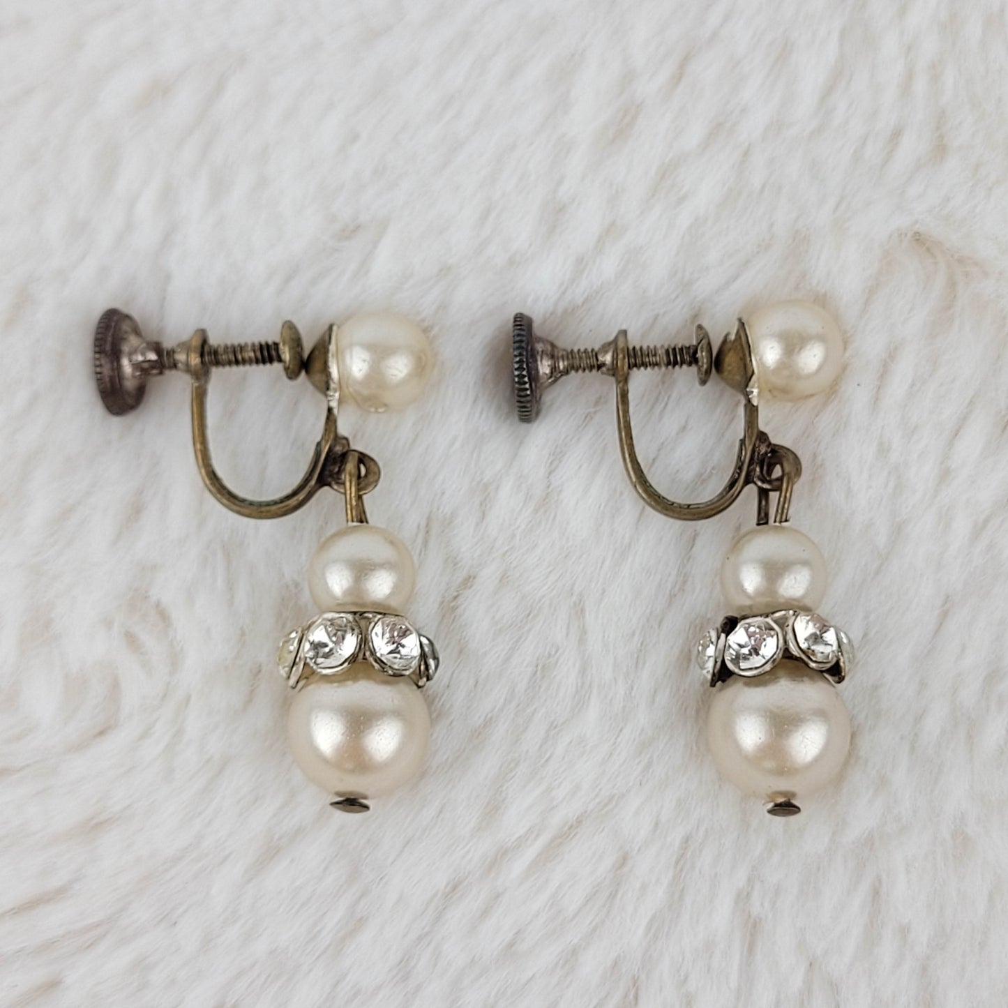 1930's Pearl and Clear Rhinestone Dangle Screwback Earrings