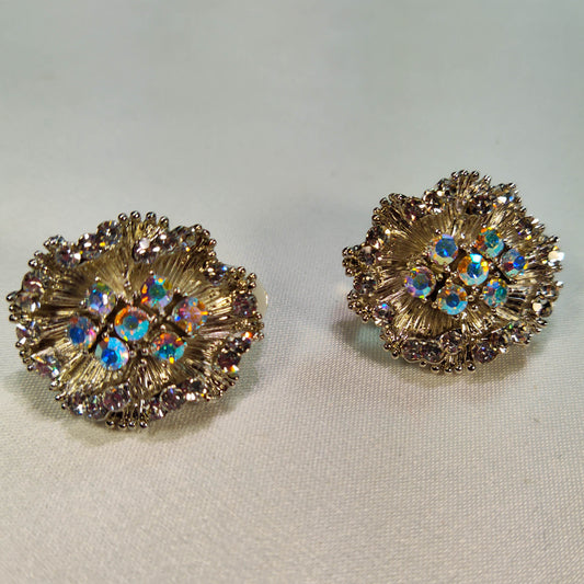 1960's Vintage Silver Metal Tone and Aurora Borealis Blooming Flower Earrings