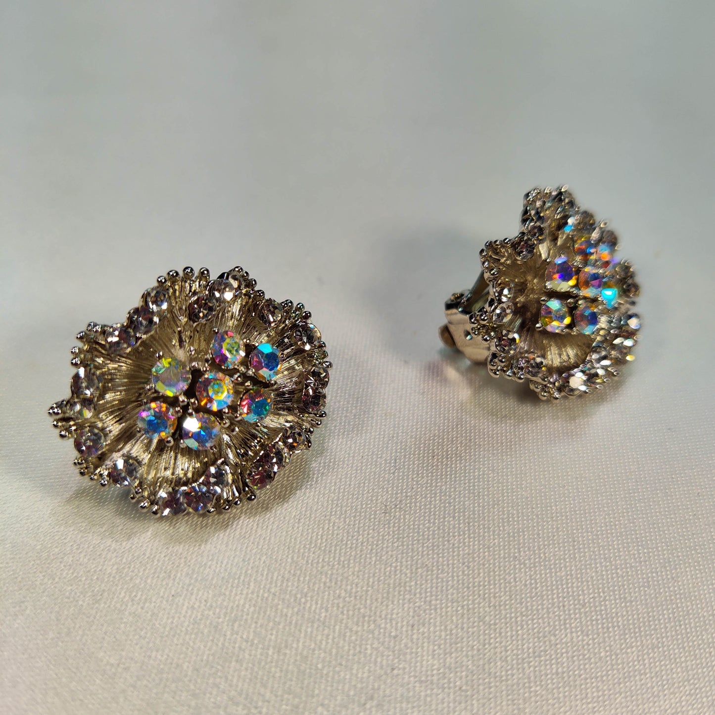 1960's Silver Metal Tone and Aurora Borealis Blooming Flower Earrings