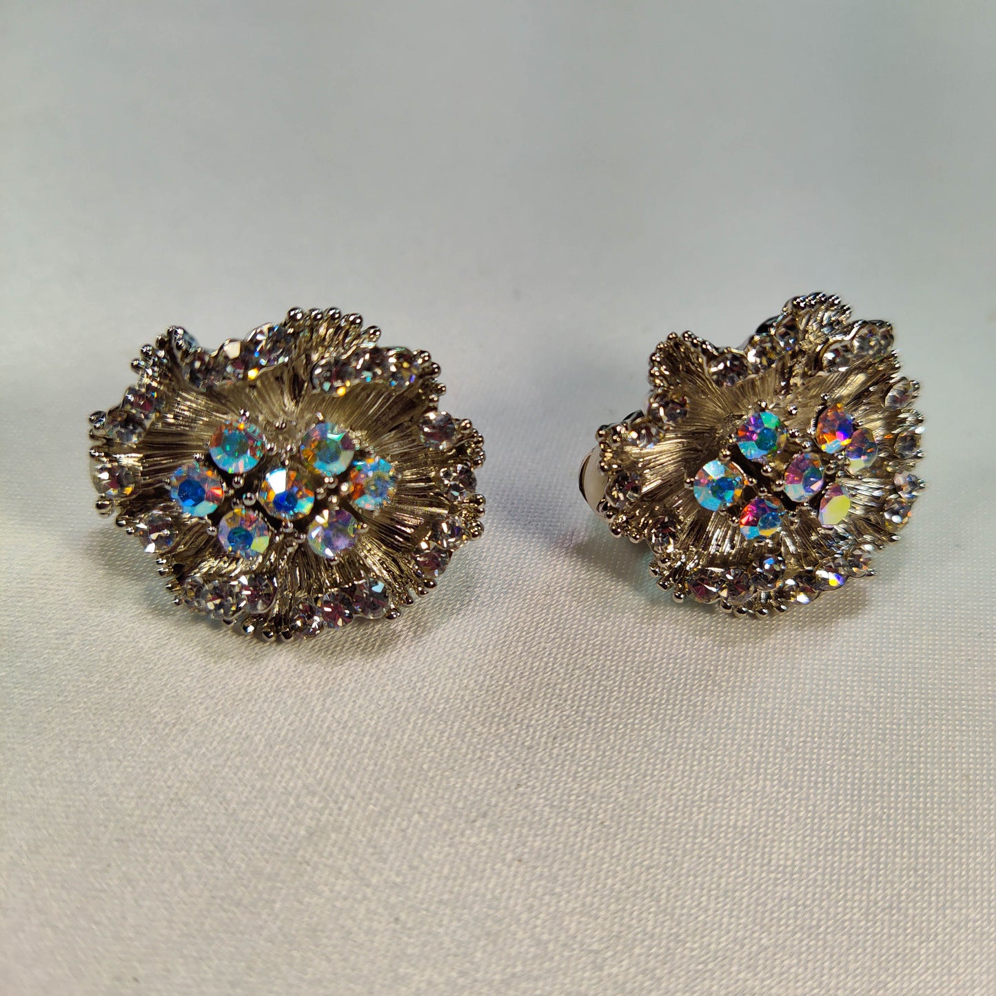 1960's Silver Metal Tone and Aurora Borealis Blooming Flower Earrings